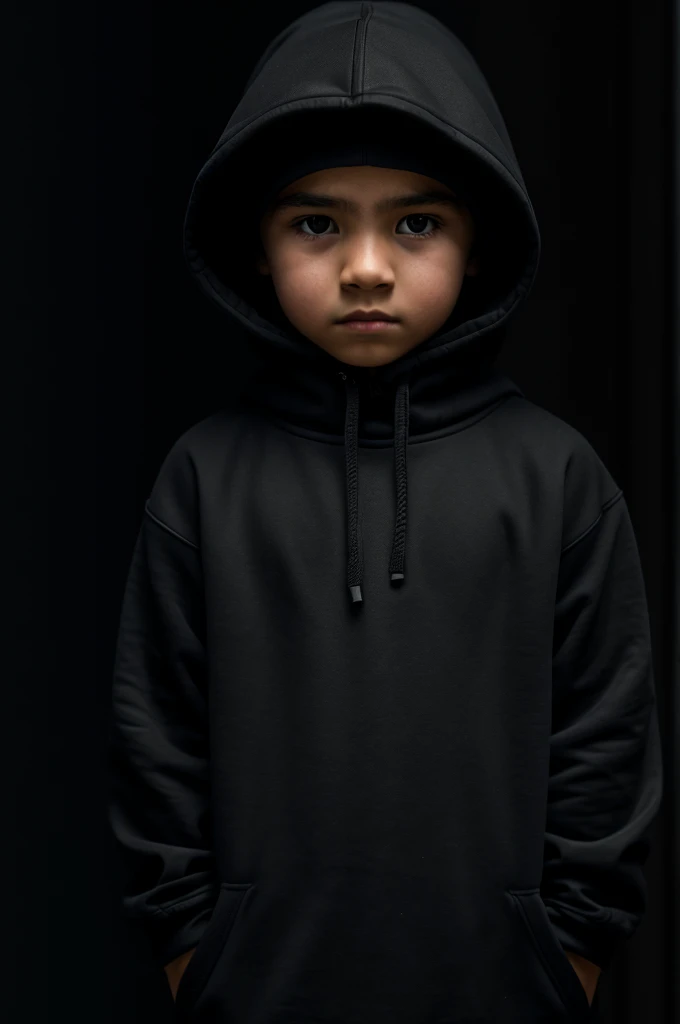 A boy in a black sweatshirt, head bowed, in a dark panorama, dark, Foto 4k , híper realist, realist 