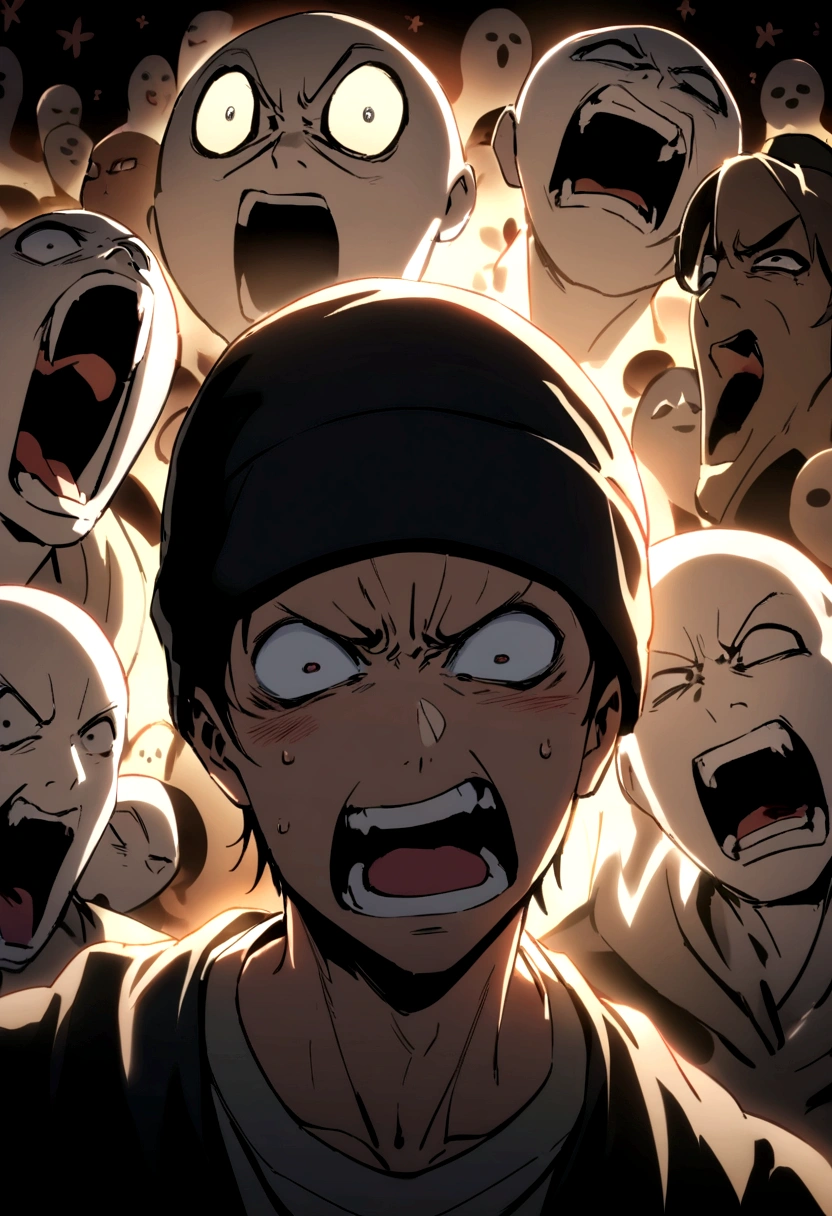 Muscular boy with a black beanie hat and his MEDIUM BROWN HAIR is noticeable, he is terrified by all the voices that surround him because of the madness