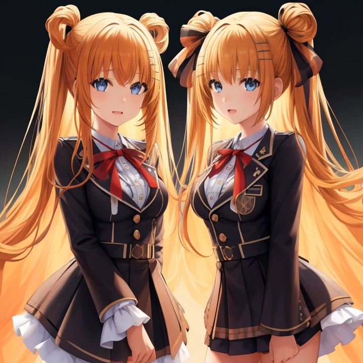 2girls, duo, twins, standing shoulder-to-shoulder, luna nova uniforms, teenage woman, brown hair, blonde hair, long curly hair, matching hairstyles, different hair colors, hair down, hazel eyes, white background, best quality, highly detailed