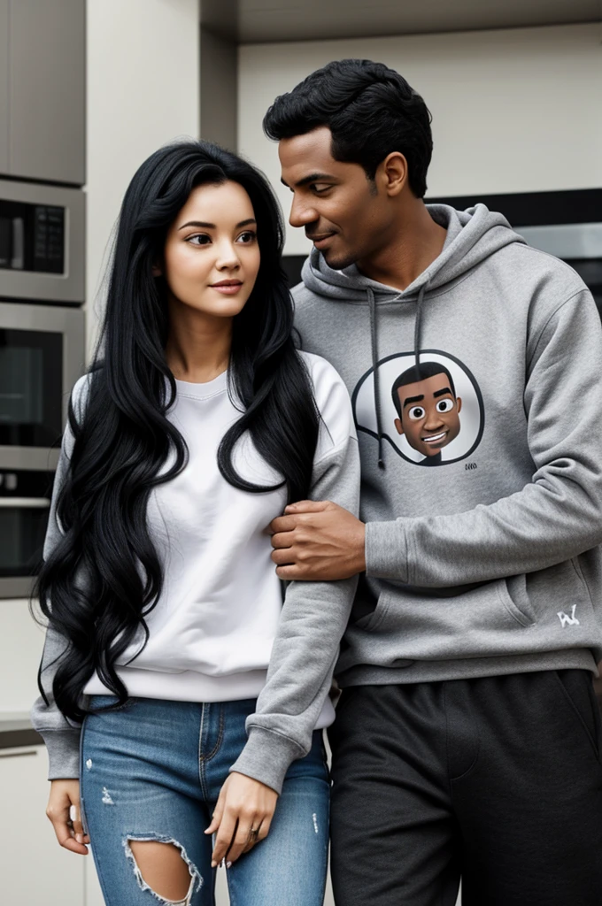 A couple in love, the woman long black hair with white sweatshirt and the dark man with gray sweatshirt short black hair pixar style