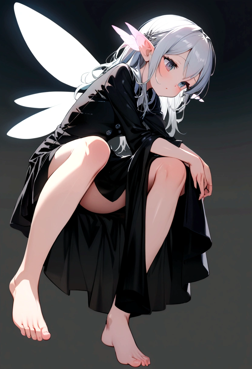 Little sweet fairy, long silver hair, Wings in heart shape, black suffering up to knee height, barefoot 