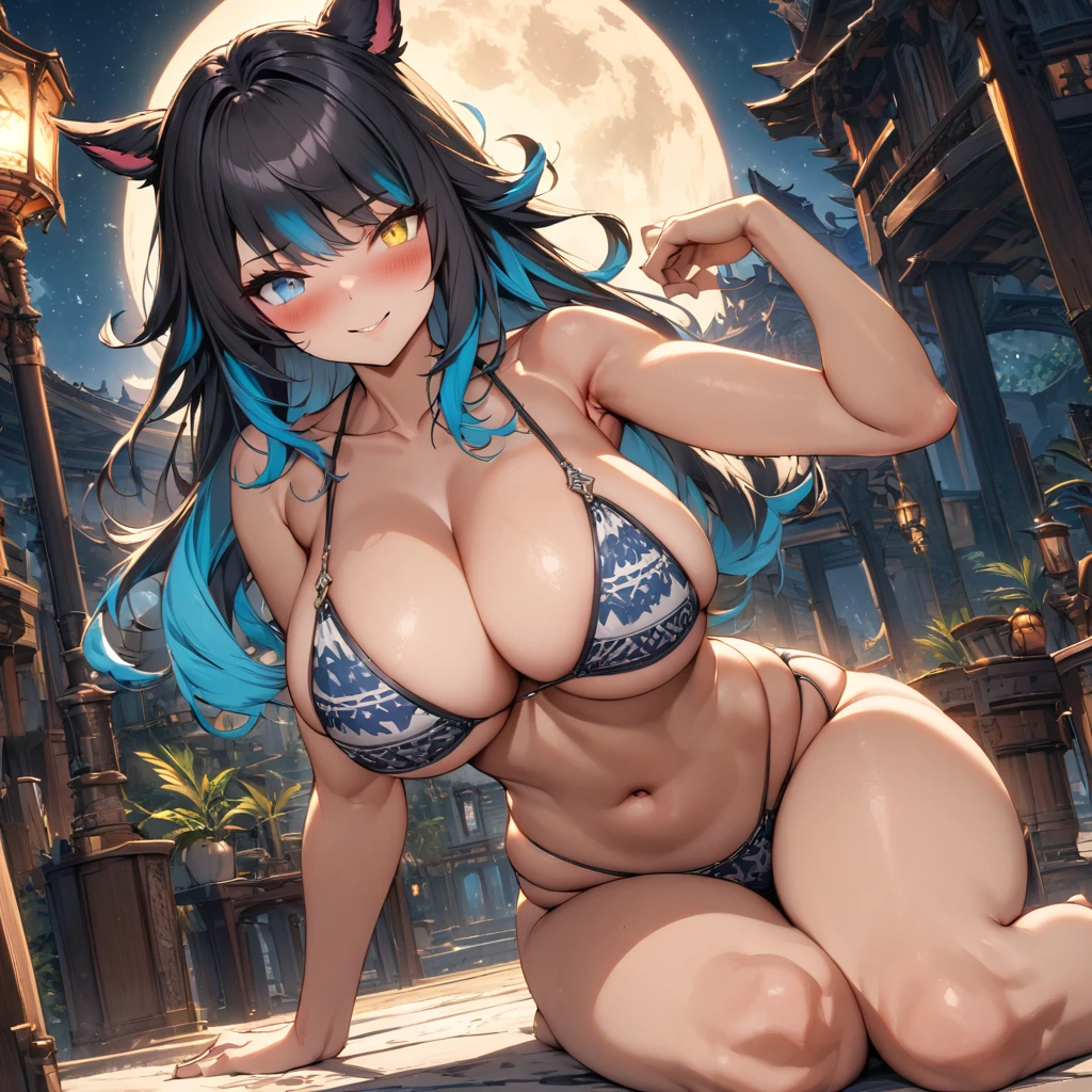 (masterpiece), best quality, expressive eyes, perfect face,1girl,final fantasy xiv,miqo'te,(heterochormia,yellow eye,blue eye:1.1),naughty smile,blush,patterned string bikini,sitting,looking at viewer,yokozuwari,big breasts,(multicolored hair,black hair,turquiose hair:1.3),long straight hair,[[tropical beach,night,full moon,starry sky]],cowboy shot,standing,sexy pose,seductive smile