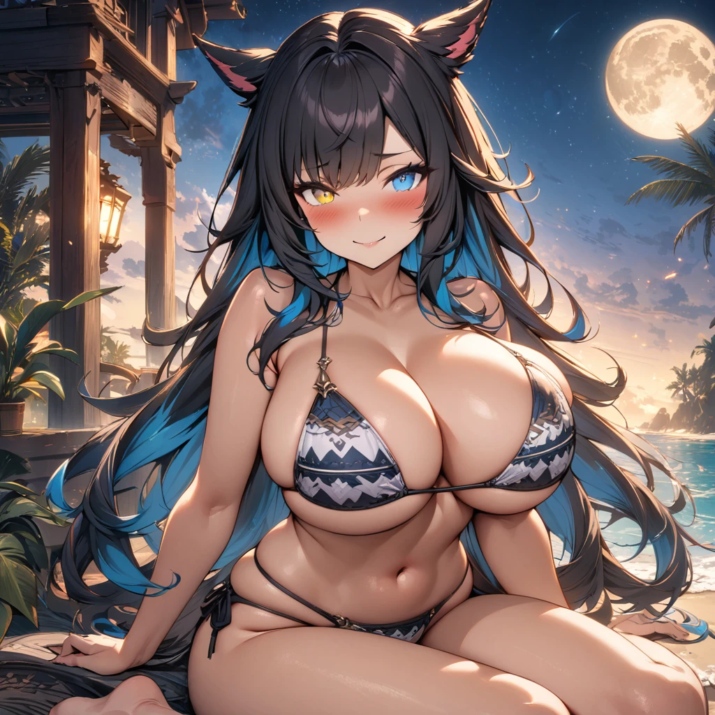 (masterpiece), best quality, expressive eyes, perfect face,1girl,final fantasy xiv,miqo'te,(heterochormia,yellow eye,blue eye:1.1),naughty smile,blush,patterned string bikini,sitting,looking at viewer,yokozuwari,big breasts,(multicolored hair,black hair,turquiose hair:1.3),long straight hair,[[tropical beach,night,full moon,starry sky]],cowboy shot,standing,sexy pose,seductive smile