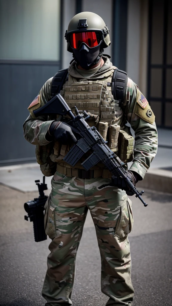 An American special forces soldier, with his face completely covered by a skull mask, helmet, and holding a gun, full body, completely black