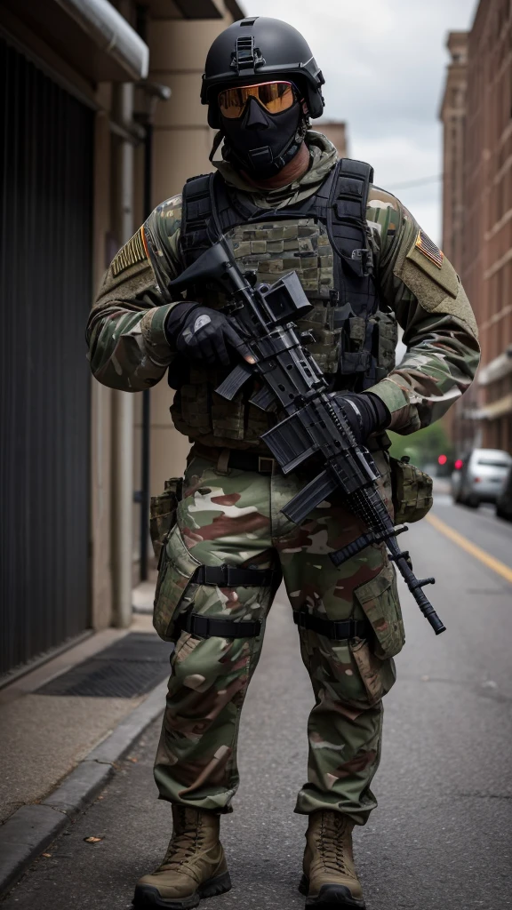 An American special forces soldier, with his face completely covered by a skull mask, helmet, and holding a gun, full body, completely black