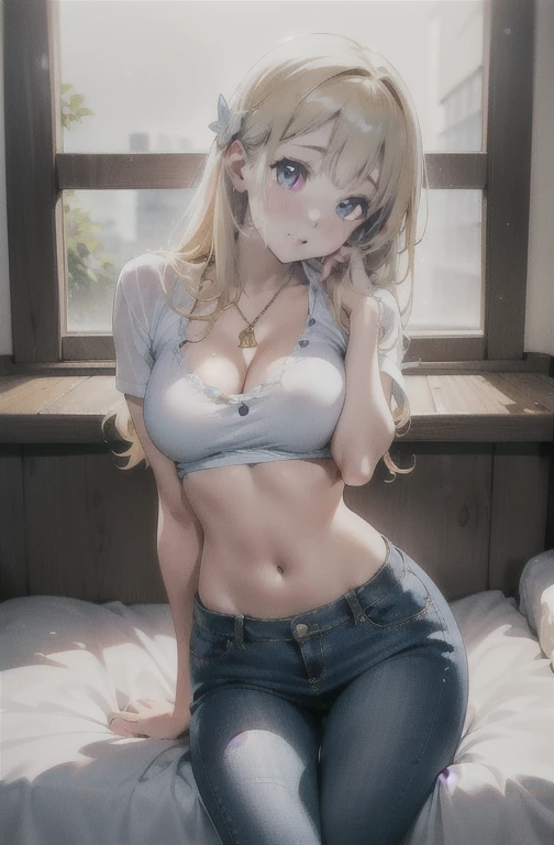 work of art, best qualityer, high resolution, kashiwazaki sena, borboleta_body hair_ornament, blonde body hair, long body hair, breasts big, water eyes, 1 girl, standing alone, bangss,top cut, short jeans, cowboy shot, ssmile, pose sexy, bed-in, bed-inroom, pillow, window, sitting down, sitting down on bed-in, gazing_phi_viewer, neckleace, wide breasts, sensual perfect body