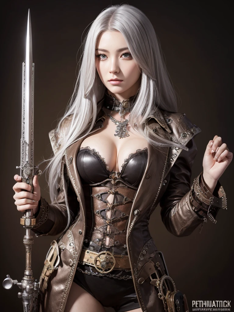 Very beautiful Steampunk lady, long silver hair, steampunk outfit and weapon, hyperrealism, photorealistic,