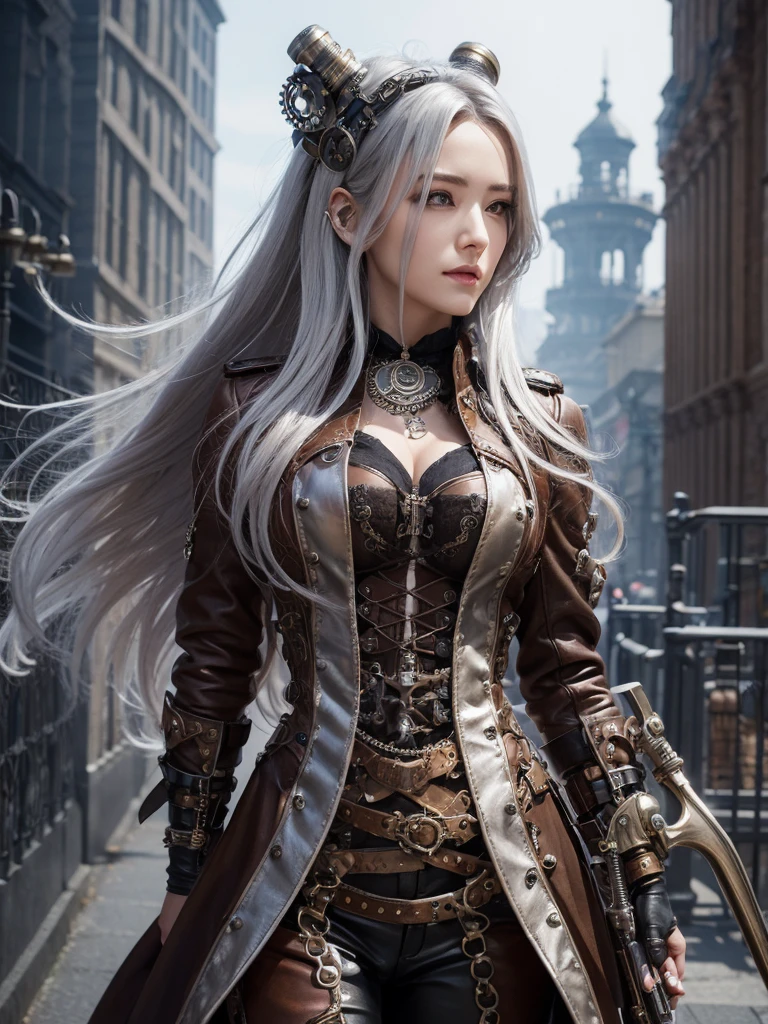 Very beautiful Steampunk lady, long silver hair, steampunk outfit and weapon, hyperrealism, photorealistic, 