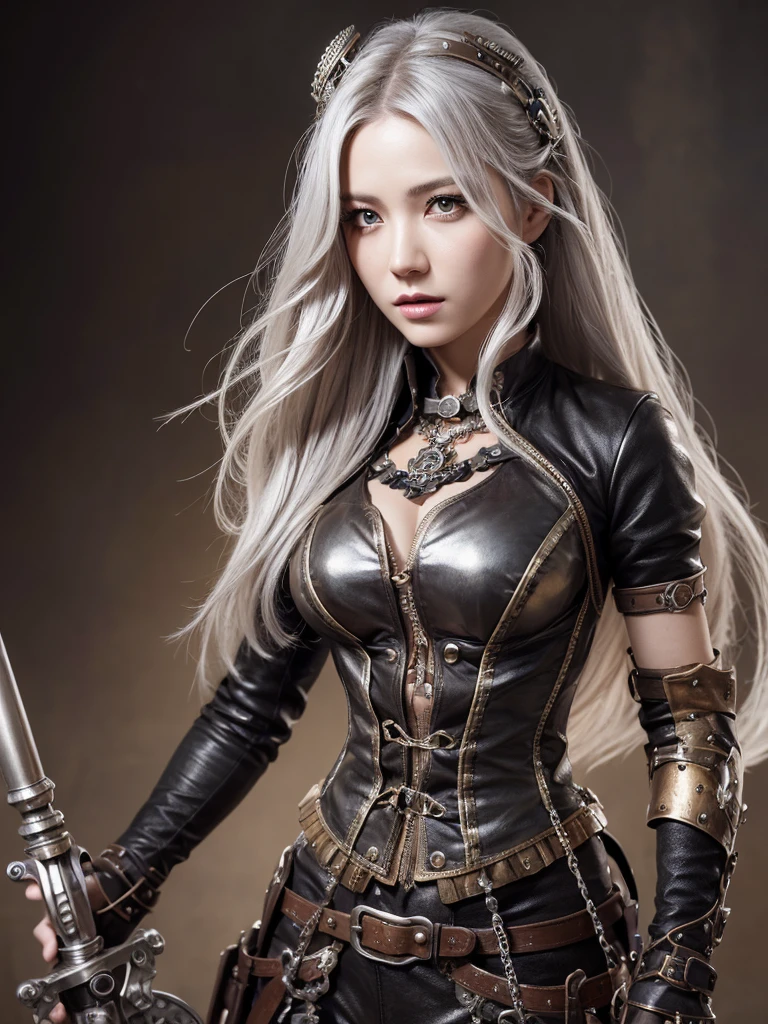 Very beautiful Steampunk lady, long silver hair, steampunk outfit and weapon, hyperrealism, photorealistic,