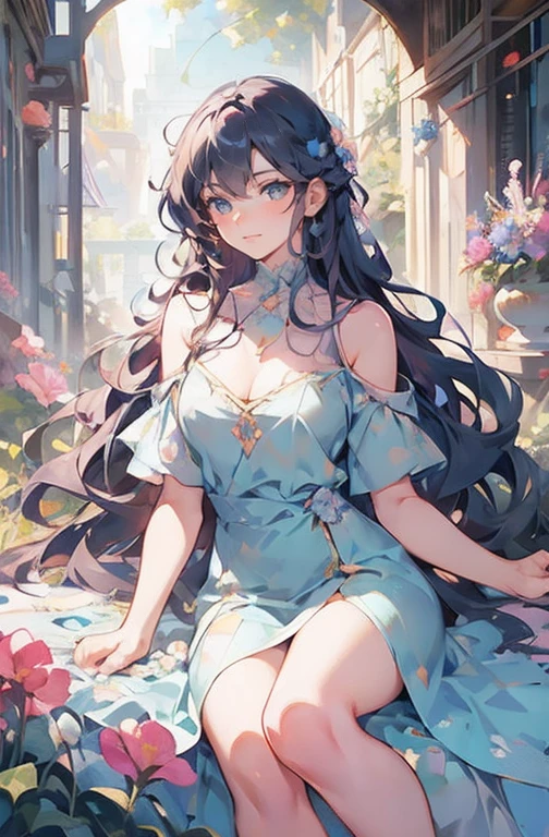  アニメ, long and curly brown hair, blue colored eyes, hands on face, sitting down, surrounded by flowers, fund (minimalistic, pastel colours, Start), digitl art, work of art, ultra detaild, best qualityer, wall-paper, wide breasts, sexly