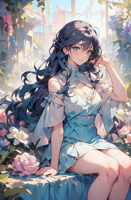 アニメ, long and curly brown hair, blue colored eyes, hands on face, sitting down, surrounded by flowers, fund (minimalistic, pastel colours, Start), digitl art, work of art, ultra detaild, best qualityer, wall-paper, wide breasts, sexly