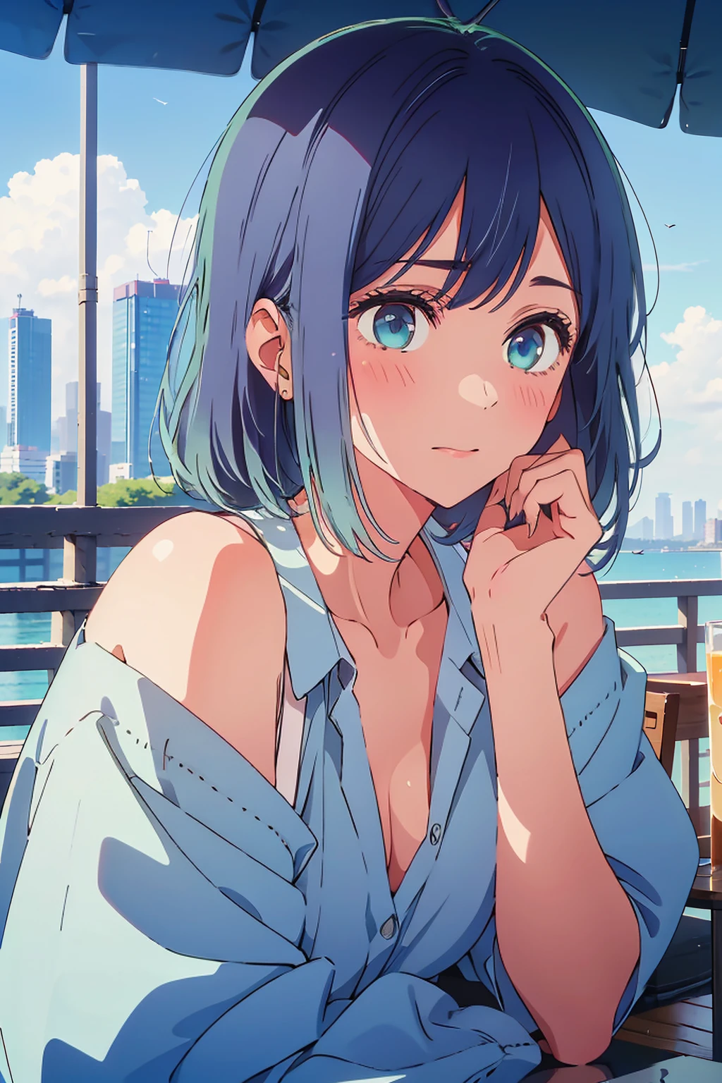 (Highest quality:1.4、masterpiece:1.4、超detailed:1.4、Ultra-high resolution:1.4、Absurd:1.4、Absolute Resolution:1.4、8K:1.4、detailed:1.4)、Slim body、Very white beautiful skin、((((1 person、Surprised expression、sit、Chair、In the background are the urban buildings of Tokyo、looking at the camera、Outdoor café terrace、Navy hair color、juice、table、Get up close and take a photo、Shooting from an angle、Very cute face))))、((((nude、very beautiful areola))))、(Pose with hands tucked behind ears:1.4、Cheek resting on hand:1.4)、((Black off-the-shoulder blouson with zipper))、Very blue sky、A completely cloudless sky、Nipples