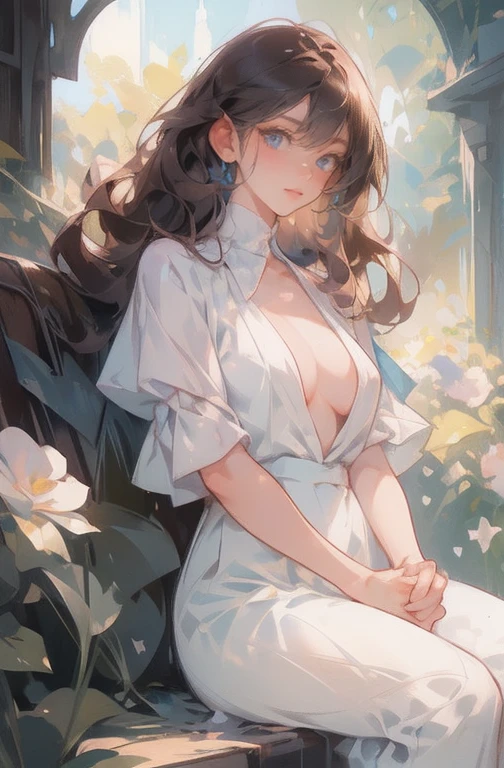  アニメ, long and curly brown hair, blue colored eyes, hands on face, sitting down, surrounded by flowers, fund (minimalistic, pastel colours, Start), digitl art, work of art, ultra detaild, best qualityer, wall-paper, wide breasts, sexly