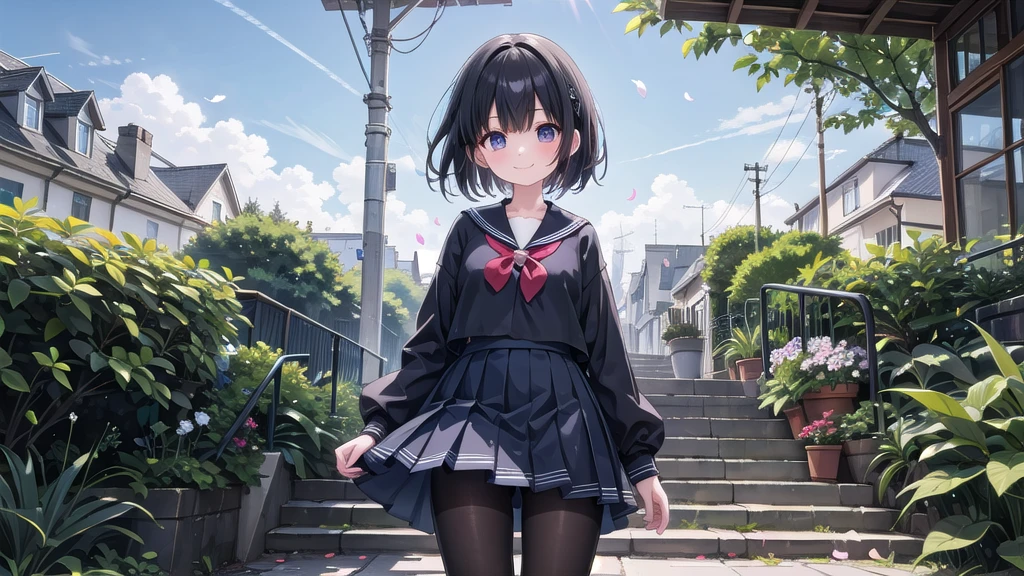 (masterpiece), town, blue sky, One Girl, smile, alone, Jumper skirt、Sailor suit、 Overgrown, petal, plant、Skirt lining、Translucent slip、nostalgic、Black Pantyhose