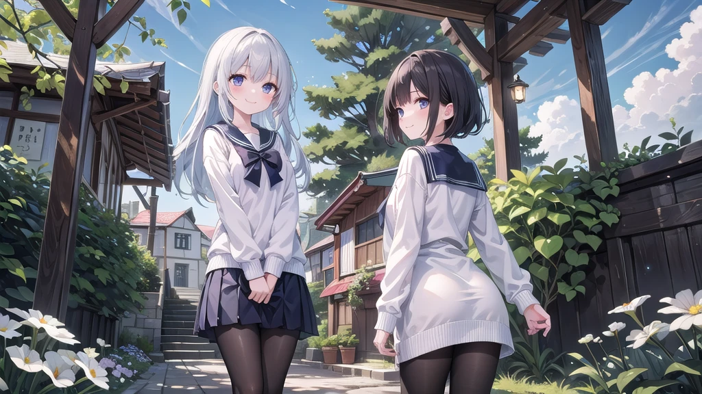 (masterpiece), town, blue sky, One Girl, smile, alone, Jumper skirt、Sailor suit、 Overgrown, petal, plant、Skirt lining、Translucent slip、nostalgic、Black Pantyhose