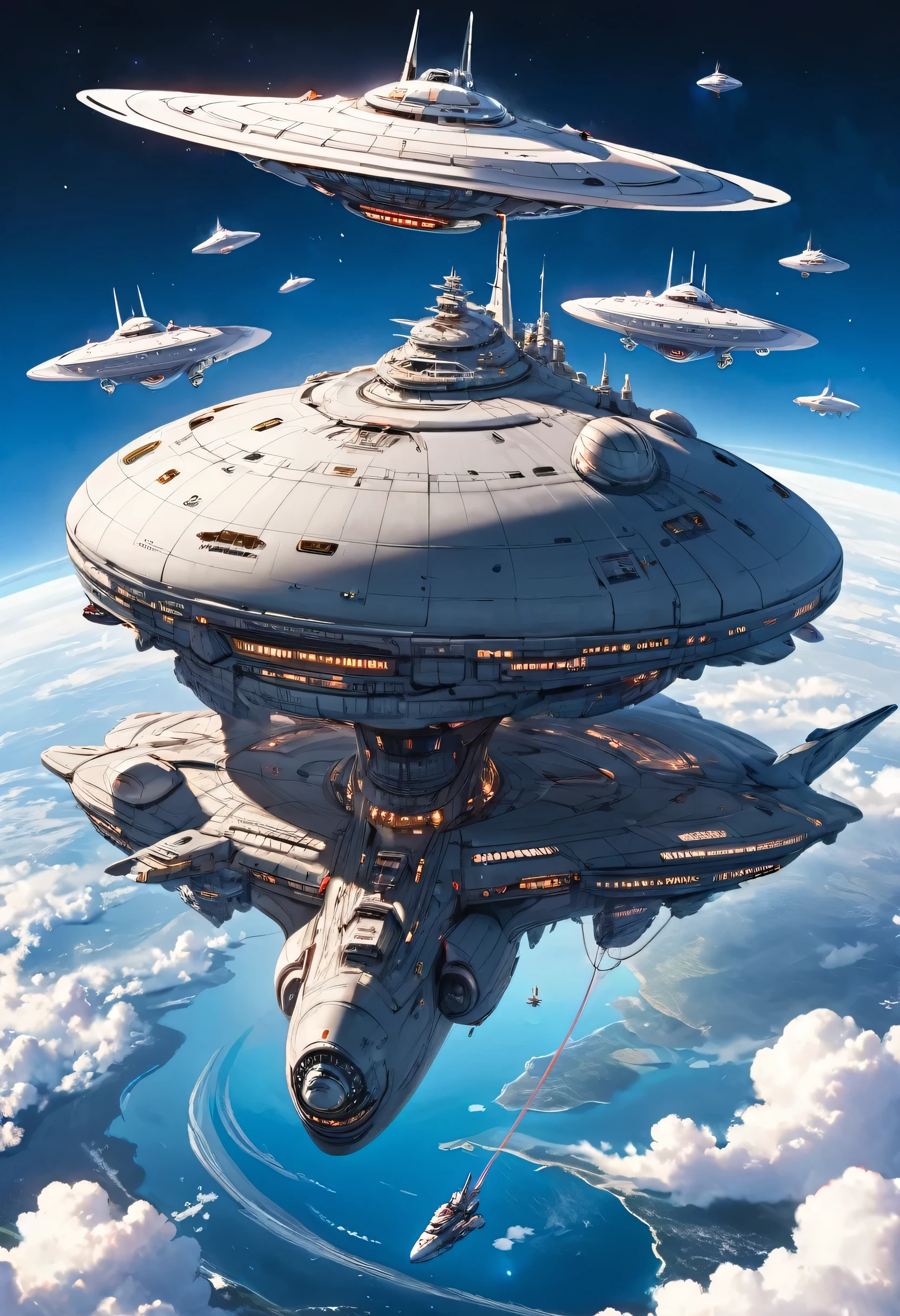 (the biggest Space Battleship, Floating above the earth's surface), (a many Small UFO, floating), perfect anatomy, masterpiece, best quality, 16k, beautiful detailed grow, daydreaming expression.