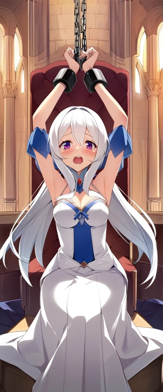 one girl, handcuffed her hands above head, slave,, white hair, princess, naive