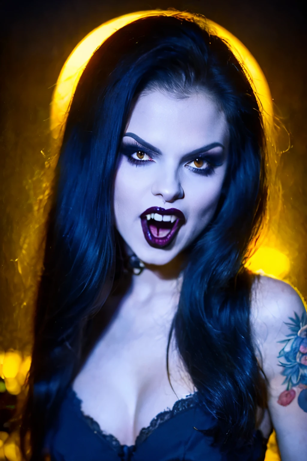 Generate a hyper-realistic image that employs the shallow depth of field technique, Head and sholders portrait to highlight a pretty goth (((vampire))) girl, ((open mouth with vampire canine teeth)) , wearing a gothic dress, ((cut hair with fringe)), tattooed, ((heavy makeup)) , at ((night in a creepy cemitery)) setting, (((under the moonlight))). The girl should be the focal point, with crisp clarity, while the background of the forest should be gently blurred to create a bokeh effect. (((black roses In the foreground))) should be visible but blurred, adding depth to the composition.", adding depth to the composition. Sony Alpha A7R III, macros lens , f/5.6. ((Cinematic purple and pink Lighting)) .