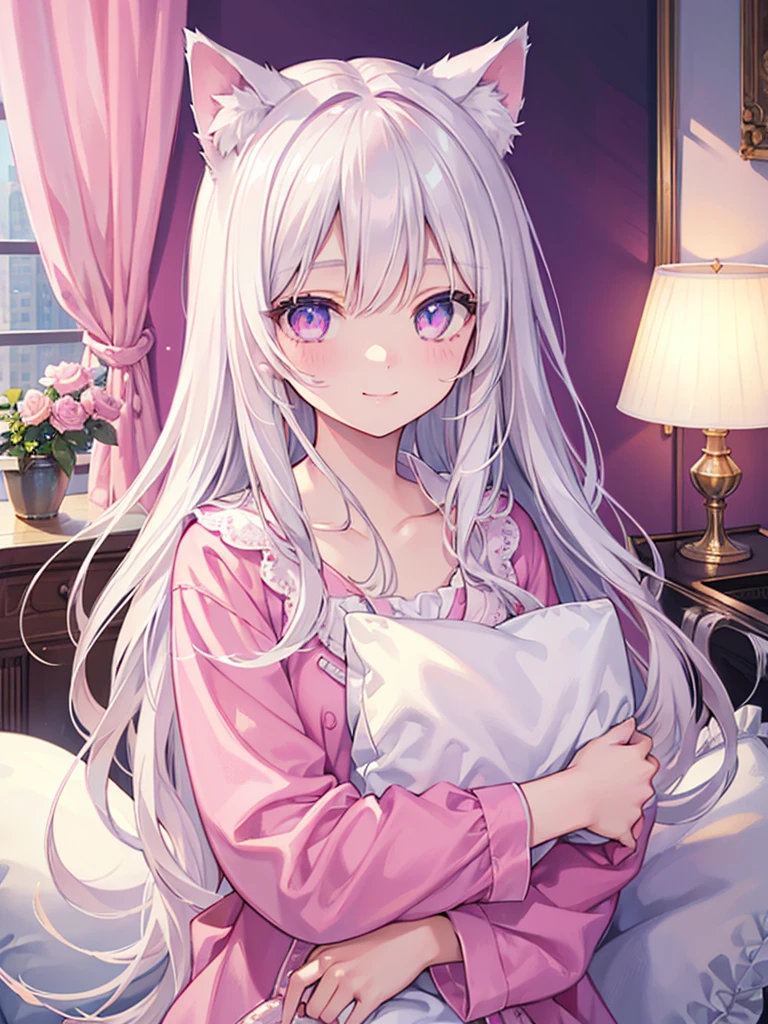 Highly detailed face,fine grain,Sparkling eyes,Highlighted eyes,Medium chest,pretty girl, smile,Longing eyes,Cat ear, Beautiful silver hair,Pink inside,Beautiful pink eyes, hug a pillow,relax, pajamas