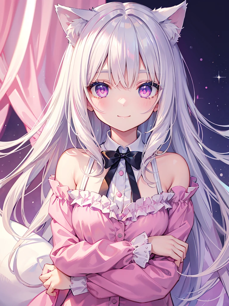 Highly detailed face,fine grain,Sparkling eyes,Highlighted eyes,Medium chest,pretty girl, smile,Longing eyes,Cat ear, Beautiful silver hair,Pink inside,Beautiful pink eyes, hug a pillow,relax, pajamas