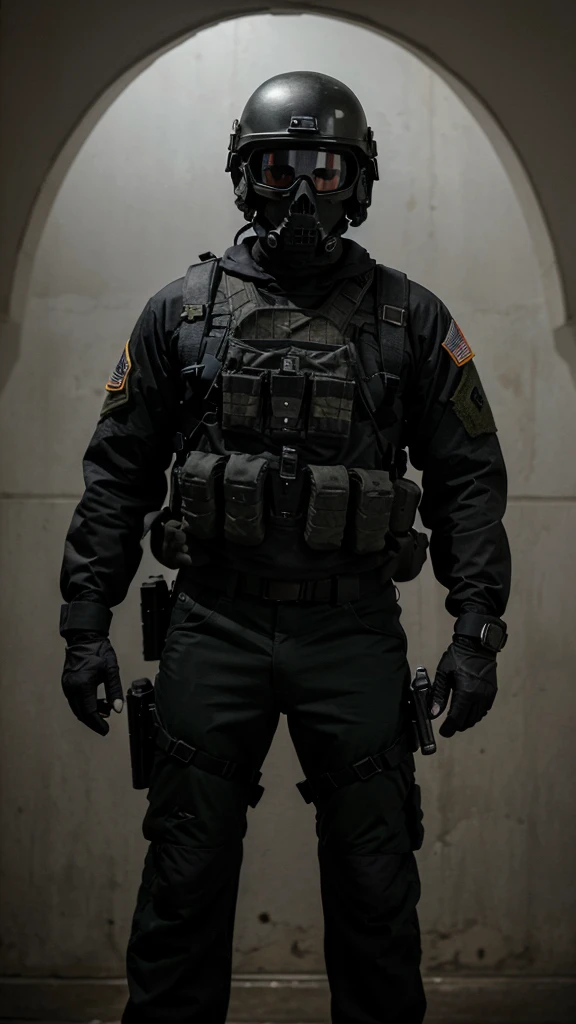 An American special forces soldier, with his face completely covered by a skull mask, helmet, and holding a gun, full body, completely black