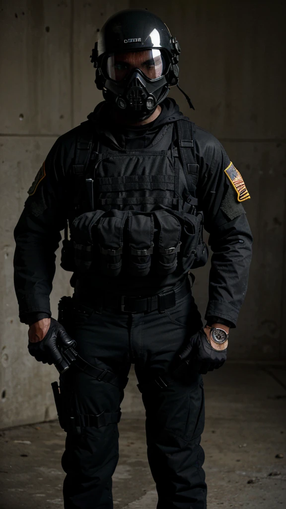 An American special forces soldier, with his face completely covered by a skull mask, helmet, and holding a gun, full body, completely black