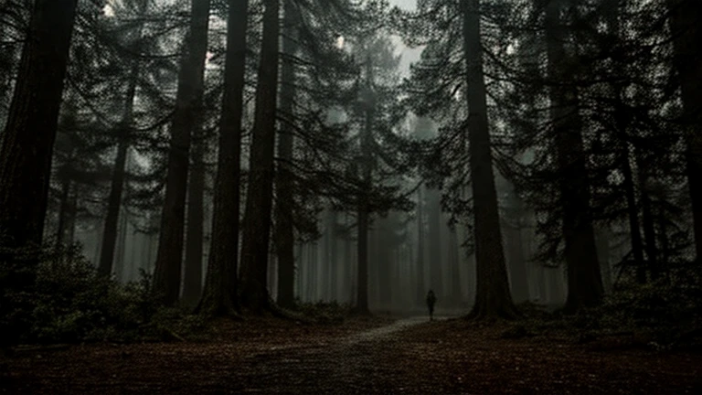 a mysterious foggy forest with giant trees, two people talking in the darkness, detailed portraits, oil painting, photorealistic, dramatic lighting, moody atmosphere, rich colors, cinematic composition, award winning digital art