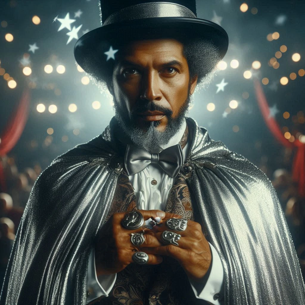 middle-aged mulatto man magician at circus show, wearing silvery fabrics and flamboyant cloak, looking like mysterious villain, mesmerizing digital art by Brom and Artgerm
