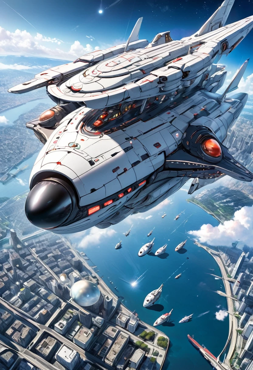 (the biggest Space Battleship, Floating above the Hakata city surface), (a many Small UFO, floating), perfect anatomy, masterpiece, best quality, 16k, beautiful detailed grow, daydreaming expression.