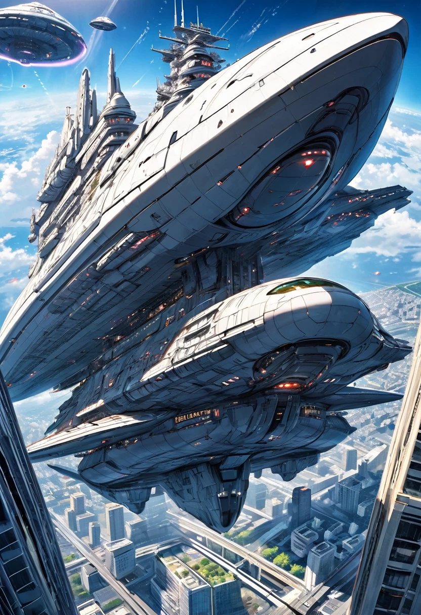 (the biggest Space Battleship, Floating above the Hakata city surface), (a many Small UFO, floating), perfect anatomy, masterpiece, best quality, 16k, beautiful detailed grow, daydreaming expression.
