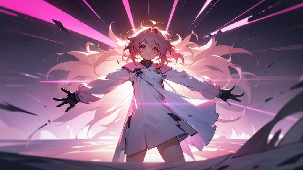 bust up, girl, women, open arms, wants to hug, long hair, dynamic pose, pink eyes, symetrical, front view, ((Masterpiece)), 8K, wide shot, cinematic lighting, (very messy hair, Spread both arms out, Cute Beautiful girl