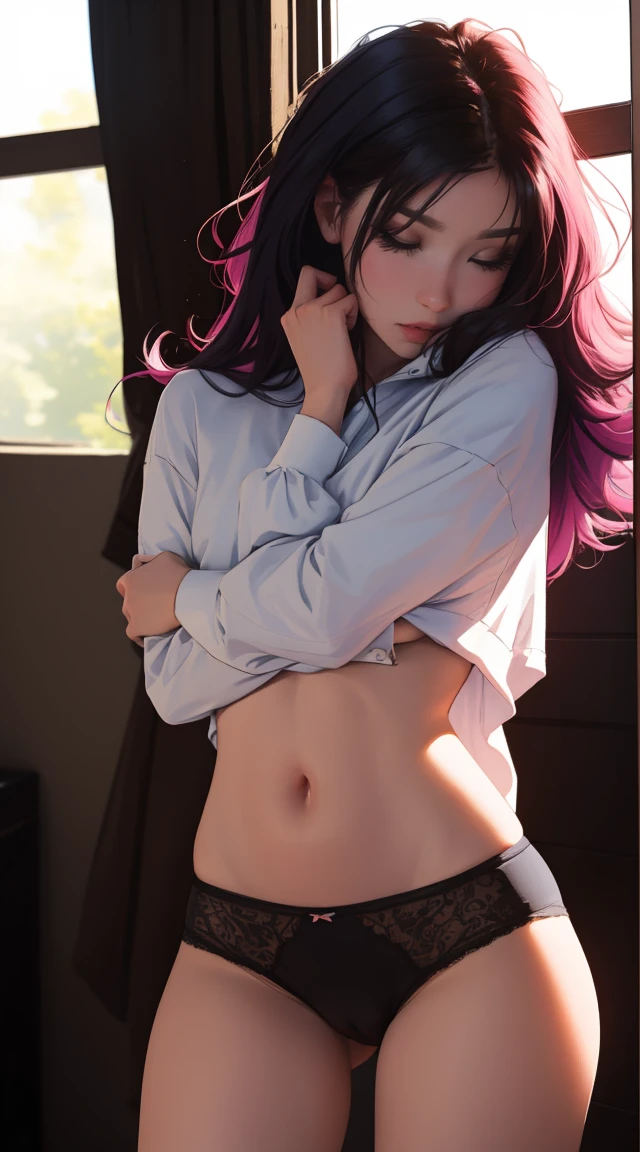 ((table top, highest quality, High resolution, perfect pixel, 4k ))), 1 girl, single, alone, beautiful woman、I could see the whole body、 ((short wavy hair, bangs, whitehair)), ((red eyes, beautiful eyelashes, realistic eyes)), ((detailed face, blush:1.2)), ((smooth texture:0.75, realistic texture:0.65, realistic:1.1, Anime CG style)), medium breasts, dynamic angle, perfect body, ((school uniform, white shirt, black skirt, unbuttoned shirt、plaid skirt、white socks)), classroom without people、sit at desk、..、evening、Very embarrassing panic smile、(lift the skirt with your right hand、open legs、open knees wide)、open legs, pussy visible, pussy line, beauty pussy, prefect pussy, (pink lace bra)、angle from below, masturbation, 
(open legs、open knees wide, show your pussy), hairy pussy