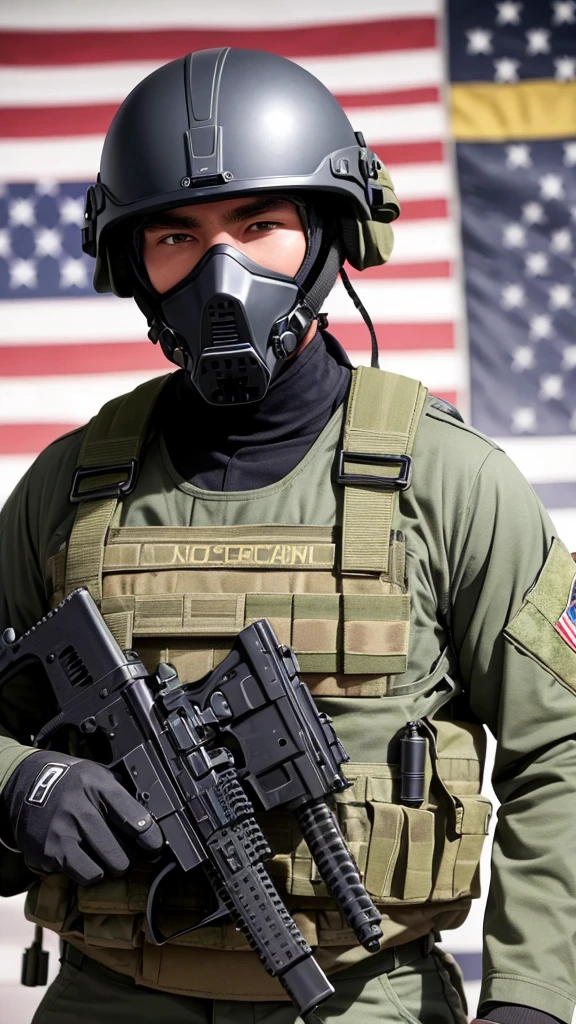 An American special forces soldier, with his face completely covered by a skull mask, helmet, and holding a gun, full body, completely black