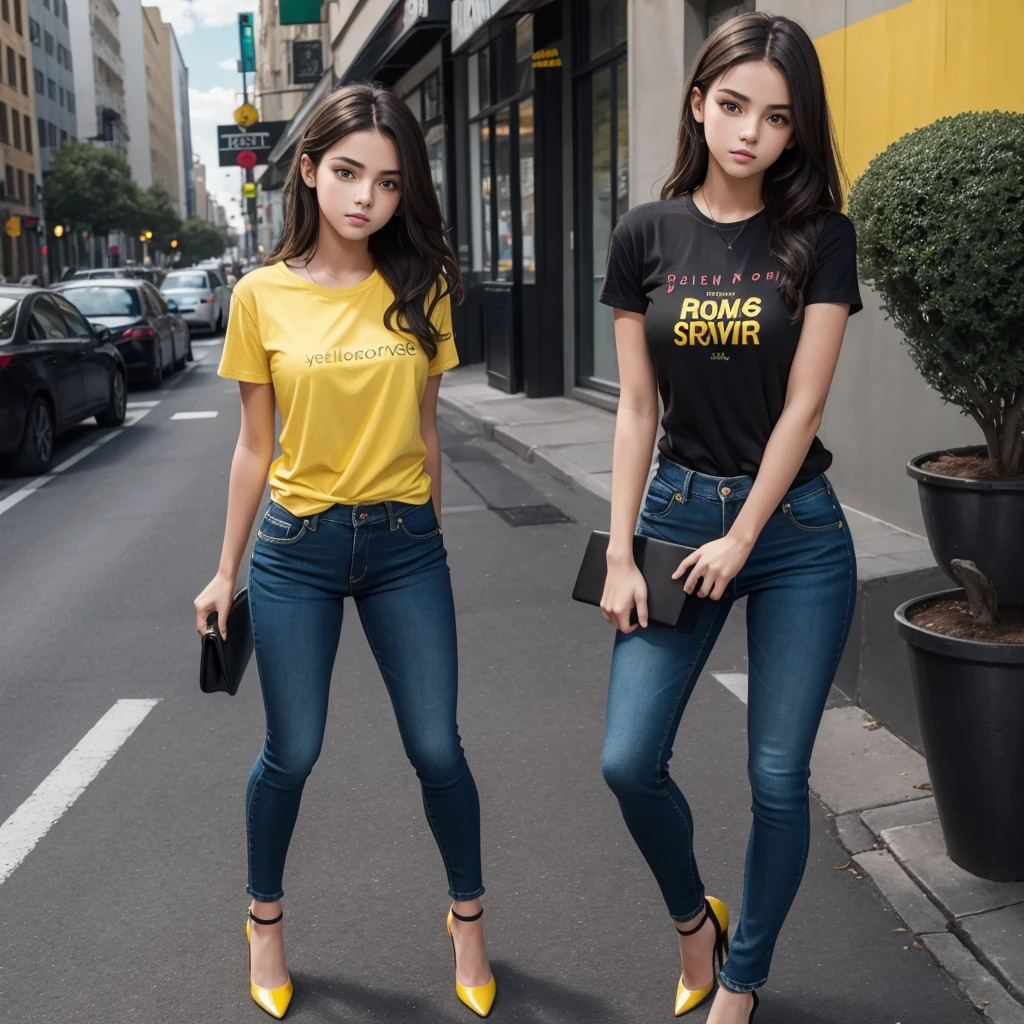 Cute girl,by rubio,green eyes,black t-shirt,dark blue tight jean pants,yellow heels,black coyar