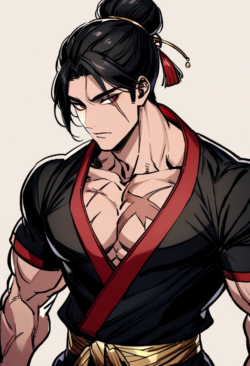 Man approximately 30 years old, long black hair tied in a lazy bun. peach skin, Red eyes, with traditional Japanese black clothing and red and gold details. muscular build. scar on left eye.