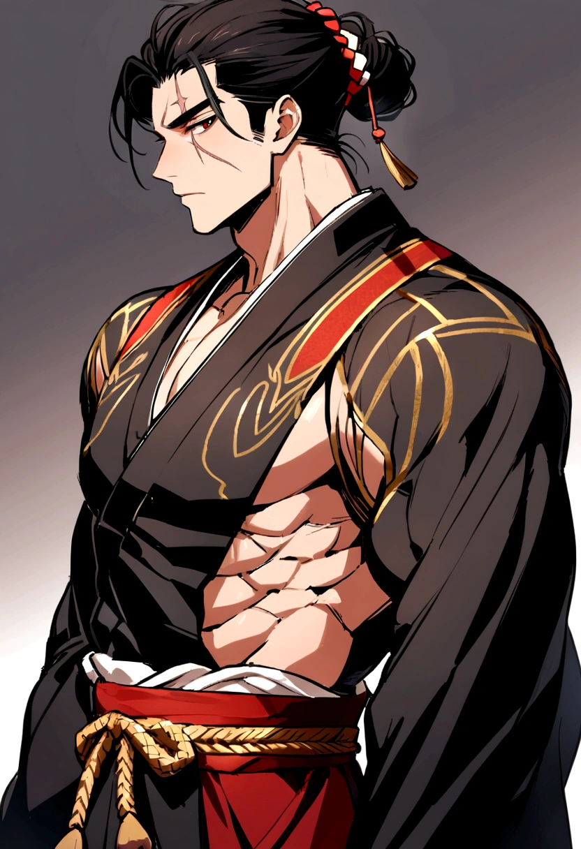 Man approximately 30 years old, long black hair tied in a lazy bun. peach skin, Red eyes, with traditional Japanese black clothing and red and gold details. muscular build. scar on left eye. 