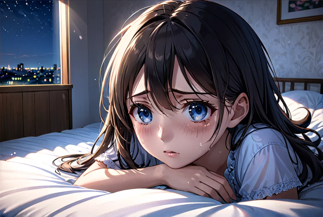 a very pretty girl,sad,tears in the eyes,detailed eyes,in the room,detailed shadows ,at night in bed , crying, ultra realistic anime style, HDR, 12 k