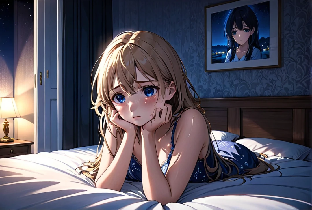 a very pretty girl,sad,tears in the eyes,detailed eyes,in the room,detailed shadows ,at night in bed , crying, ultra realistic anime style, HDR, 12 k 
