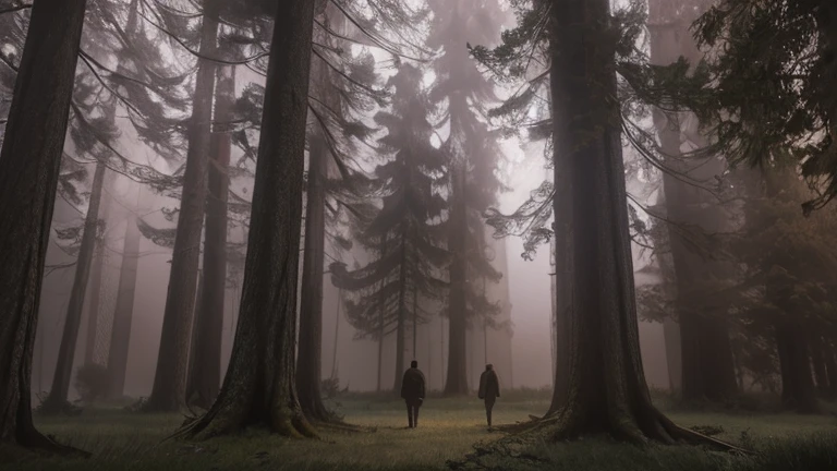 a mysterious foggy forest with giant trees, two people talking in the darkness, detailed portraits, oil painting, photorealistic, dramatic lighting, moody atmosphere, rich colors, cinematic composition, award winning digital art