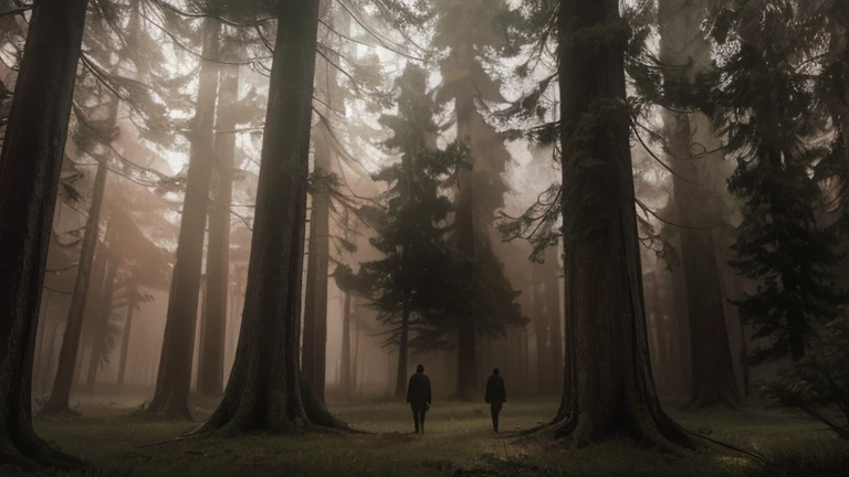 a mysterious foggy forest with giant trees, two people talking in the darkness, detailed portraits, oil painting, photorealistic, dramatic lighting, moody atmosphere, rich colors, cinematic composition, award winning digital art