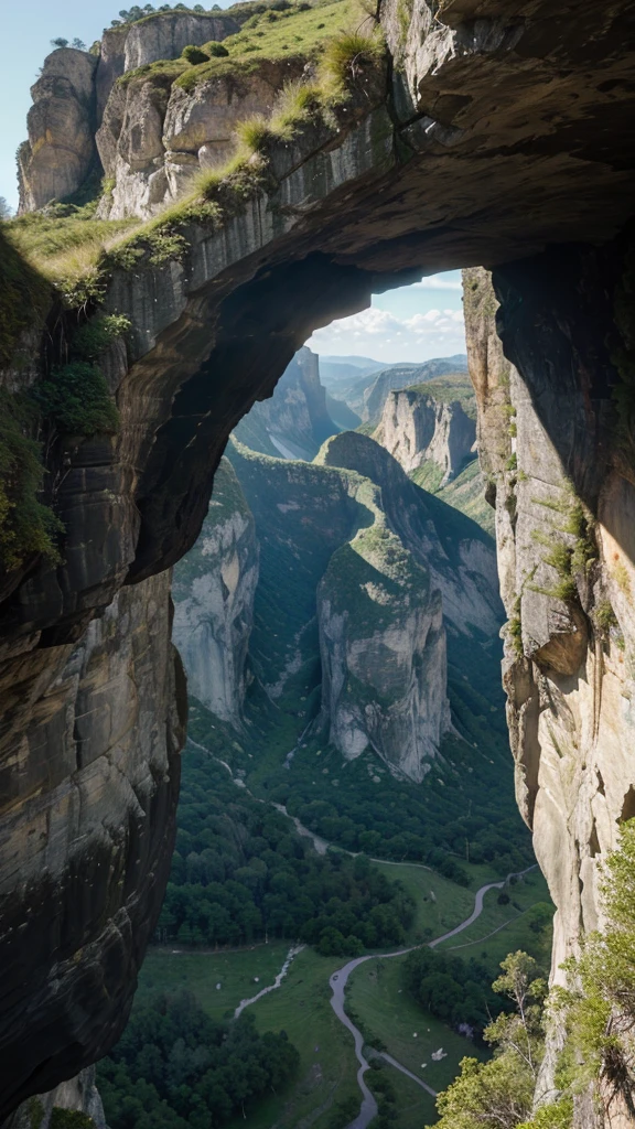 a beautiful lush green valley surrounded by towering vertical rock walls, an idyllic rock climbing paradise, masterpiece, hyperrealistic, 8k, high quality, photorealistic, extremely detailed, dynamic lighting, gorgeous scenery, epic landscape, vivid colors, dramatic shadows, rugged terrain, dramatic cliffside, majestic mountains, epic adventure, serene atmosphere, natural beauty, awe-inspiring, intricate details
