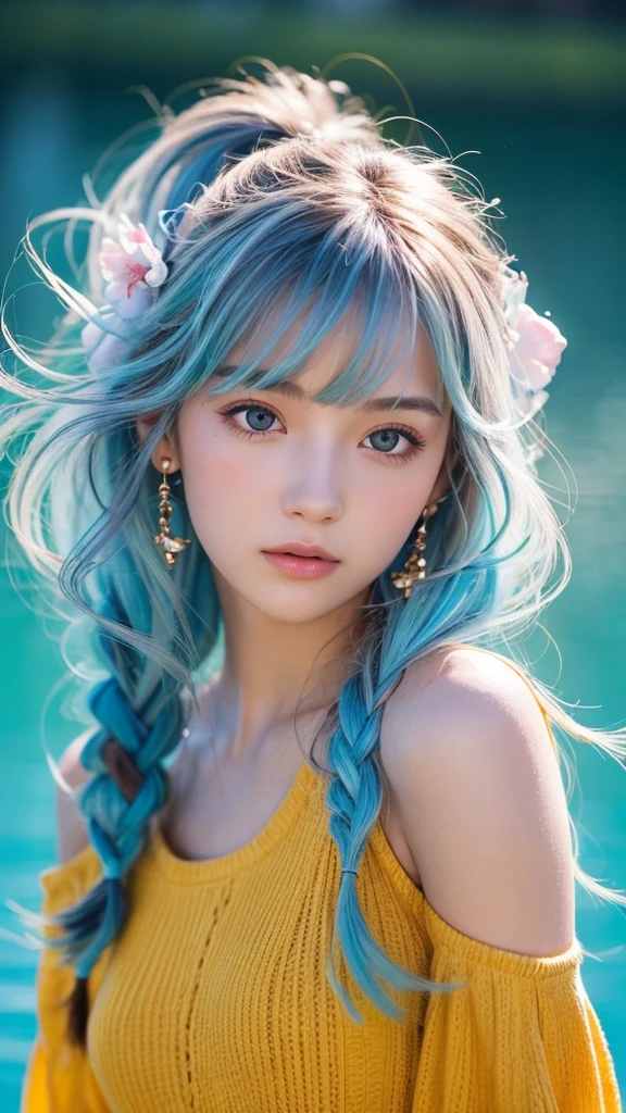 (masterpiece), (Highest quality), (Super detailed), (Disheveled Hair), (figure), (One Girl), (Fashionable clothes), Are standing, Fashion Model, Beholder, (interview), (Simple Background), Beautiful and beautiful eyes, Delicate and beautiful face, floating, (High saturation), (Colorful Splash), Colorful Bubbles, (Shine), Focus on the face, ponytail, Light blue hair, bangs, Hair Ring, floating Flowers, floating Hairs, (The Shining), Best lighting, Best Shadow