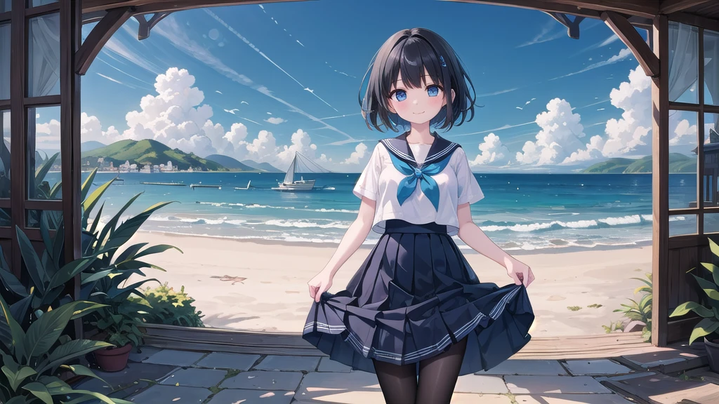 (masterpiece),  town,  blue sky,  One Girl,  smile,  alone,  Sailor suit、Long skirt,  Overgrown,  petal,  plant、Skirt lining、Translucent slip、nostalgic、Black Pantyhose、I can see the ocean in the distance