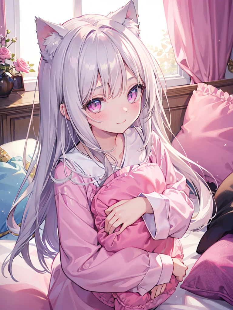Highly detailed face,fine grain,Sparkling eyes,Highlighted eyes,Medium chest,pretty girl, smile,Longing eyes,Cat ear, Beautiful silver hair,Pink inside,Beautiful pink eyes, hug a pillow,relax, pajamas