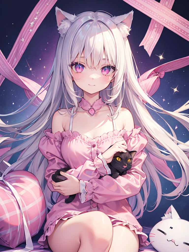 Highly detailed face,fine grain,Sparkling eyes,Highlighted eyes,Medium chest,pretty girl, smile,Longing eyes,Cat ear, Beautiful silver hair,Pink inside,Beautiful pink eyes, hug a pillow,relax, pajamas