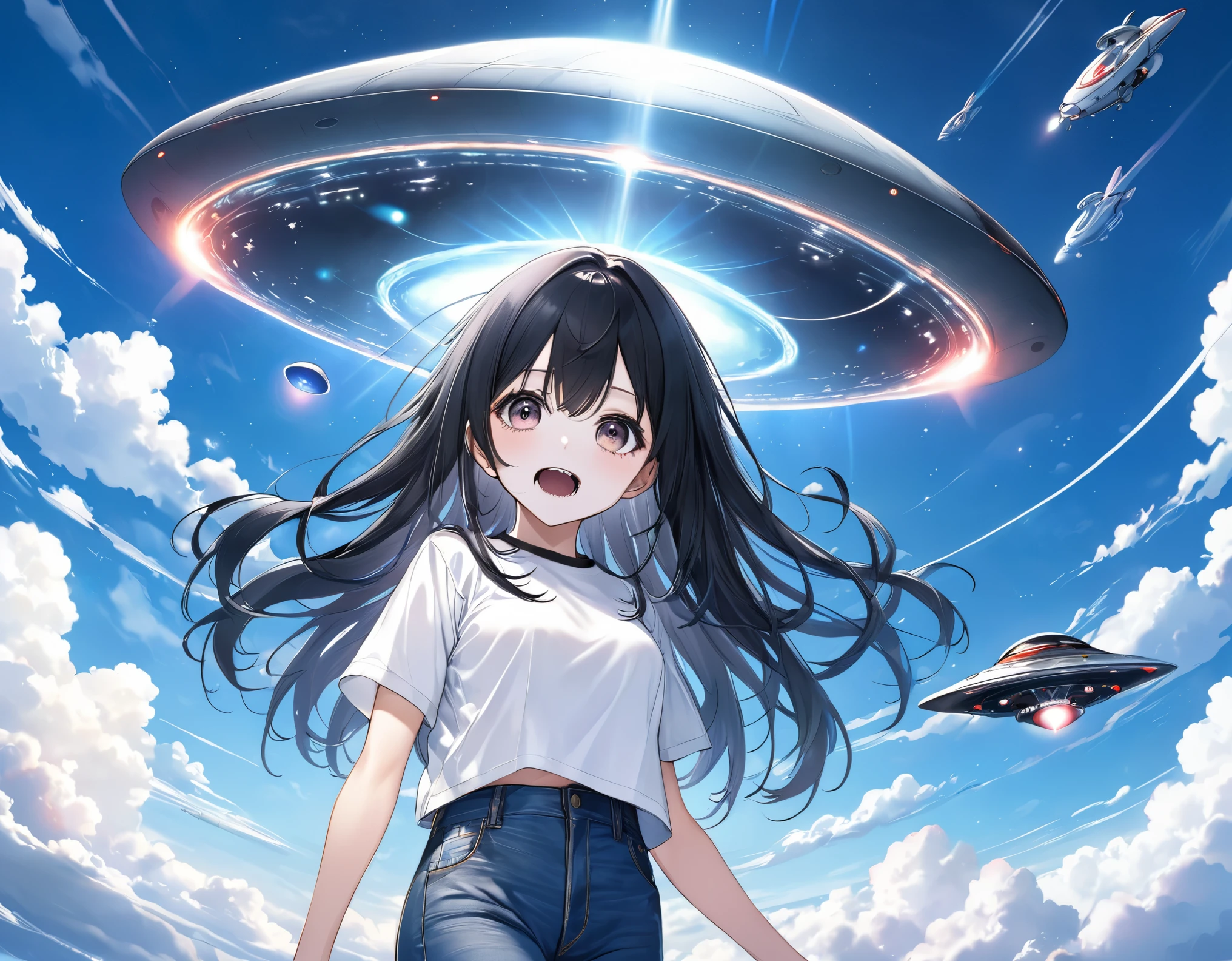 Black long hair、Twin-tailed Girl、T-shirt and jeans、Dark Eyes、Scary face、A large unidentified flying object (UFO) is flying、Spaceman、A shining light from the UFO、blue sky、White cloud
