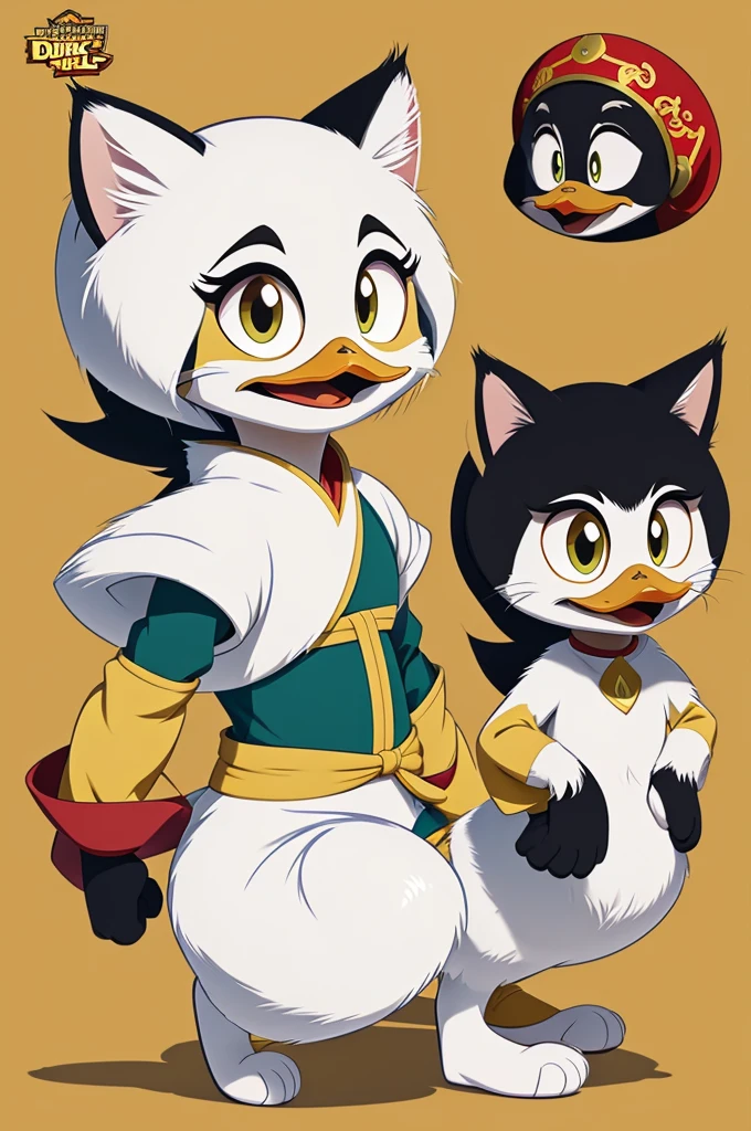 in the animation style of the 2017 ducktales series create a new character, She is a cat in Chinese clothing, white fur, big eyes and has great fighting skills but a feminine body 