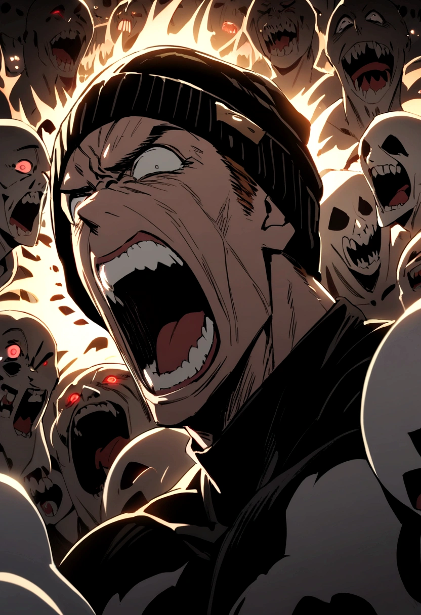 muscular boy in black clothes in the center screaming with a worried face and closed eyes screaming. He has medium-long brown hair and a black beanie hat and in the background very violent ghosts with horrifying anime faces