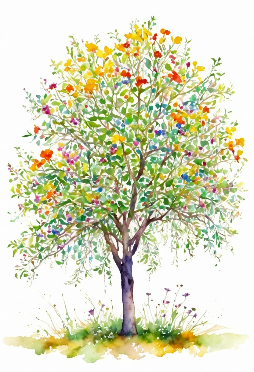 watercolor of a wildflower tree unique beautifull image vivid colors white background