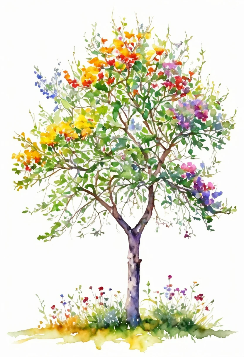 watercolor of a wildflower tree unique beautifull image vivid colors white background